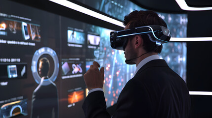 Businessman wearing virtual reality glasses with virtual simulation in a risk-free environment