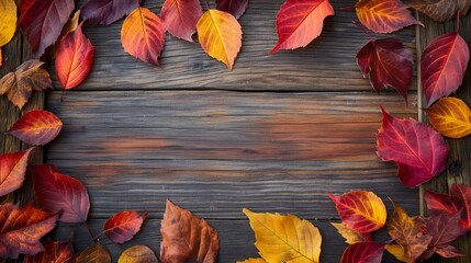 Fototapeta premium Vibrant Autumn Leaves Surrounding Rustic Wooden Texture Background