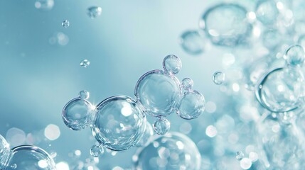 Close-Up View of Sparkling Water Bubbles in Blue Light for High-End Skincare Product Visualization