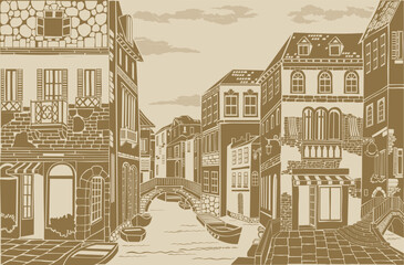 Old town. Street cafe. Old city view. European cityscape: house, building, Street cafe. Old houses on white background.  antique medieval treasure parchment. Vector Illustration