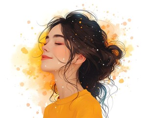 Euphoric Introspection of a Dreaming Woman Surrounded by Magical Glowing Sparkles and Vibrant Colors in a Conceptual Digital