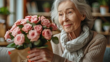 Fototapeta premium A mature woman receiving flowers and a gift from her daughter at home, a surprise happy senior mother getting a present for Mother's Day celebration with a pink rose bouquet. Generative AI.