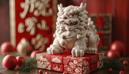 Fototapeta premium 3d render a Chinese guardian lion statue made of white porcelain sit on red gift box