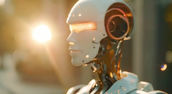 Humanoid robot with AI and machine learning symbolizing globalization and tech advancement. Concept Robotics, Artificial Intelligence, Machine Learning, Globalization, Tech Advancement