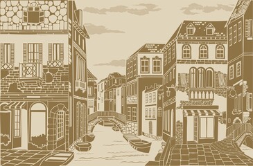 Old town. Street cafe. Old city view. European cityscape: house, building, Street cafe. Old houses on white background.  antique medieval treasure parchment.  Illustration