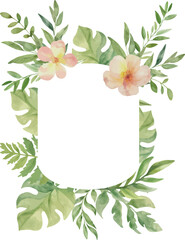 Vector Watercolor oval tropical  frame with pink flowers, monstera, palm leaves. Template space for text. Greeting cards, invitation, gender party, baby shower, birthday, event, holiday, wedding card