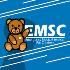 Emergency Medical Services for Children Day (EMSC) event banner. A teddy bear with bold text and the silhouette of a child on a light blue background to commemorate on May