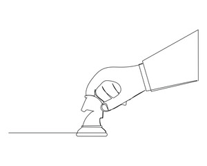 Continuous single one drawing big hand put horse chess. Business growth strategy concept.  Design vector illustration