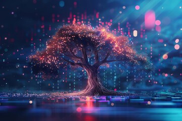Digital tree with sprouts and binary code in glowing futuristic polygonal style Poster for an educational program for children Technology training for teenagers Vector illustration