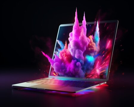 Colorful smoke coming out of laptop screen, innovation and creativity concept, background