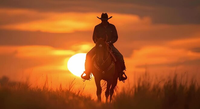Silhouette of cowboy on horseback at sunset in classic Western style. Concept Cowboy, Horseback, Sunset, Silhouette, Western Style
