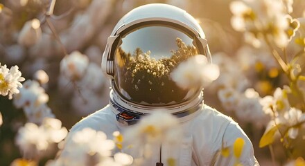 Mystery astronaut in a mirrored helmet surrounded by blurry flowers in daylight. Concept Astronaut, Flowers, Reflection, Mystery, Daylight - Powered by Adobe