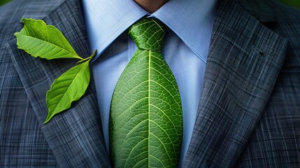 Unveil the essence of sustainable fashion with this unique image of a leaf as a tie—nature meets corporate in a striking visual metaphor.
