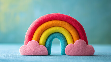 Cute Rainbow With Clouds. Wool Felt Fabric Cartoon Animation, Kids Creative Game, Child Handmade...