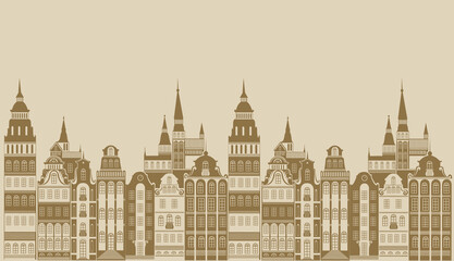 Obraz premium City houses street. Traditional European old town. Town hall, chapel, beautiful houses. Street of the old town. Flat cartoon historic buildings city town. Panorama. cartoon landscape. Vector 