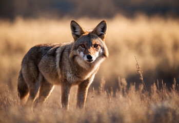 Obraz premium An American coyote stands alert on the prairie, bathed in the warm glow of the setting sun. The image captures the serene yet wild essence of this iconic creature in its natural habitat.