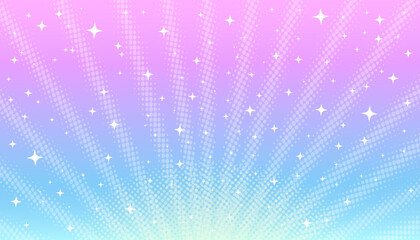 Pink-blue background and rays of light rays with halftone effect and stars in the style of manga, comics.