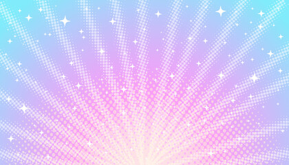 Pink-blue pastel light rays background with halftone effect and stars in manga, comics style.