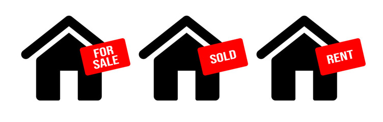 House for sale, sold, and rent icons set design vector. Real estate agent promotion market property economic investment.	

