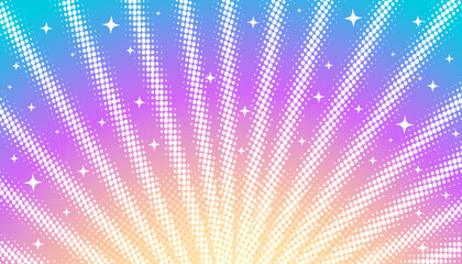 Pink-blue-purple-yellow background with rays of light, sparkles and stars.