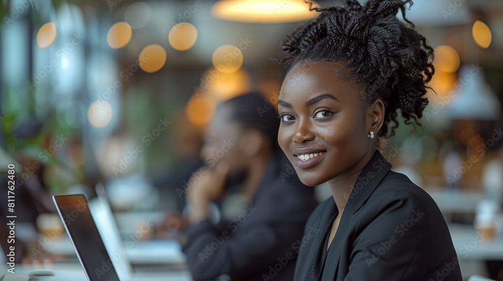 Canvas Prints A confident African woman in professional black attire, in a modern corporate office, working on laptops. Generative AI.