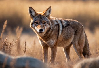 Fototapeta premium An American coyote stands alert on the prairie, bathed in the warm glow of the setting sun. The image captures the serene yet wild essence of this iconic creature in its natural habitat.