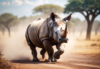 Fototapeta premium A powerful rhinoceros charges across the African savanna, its strength evident in the dust billowing under its feet. 