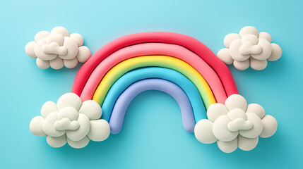 Cute Rainbow With Clouds. Plastic Clay 3D Cartoon Animation, Kids Sculpturing Game, Child Handmade...