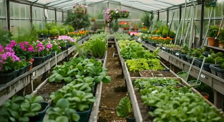 Organized Greenhouse Setup with Plant Rows, Gardening Tools, and Irrigation Systems. Concept Greenhouse Layout, Plant Arrangement, Garden Tools, Irrigation System, Organized Setup