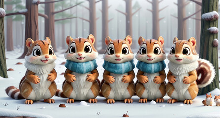 Obraz premium The forest is alive with the first snowfall of the season, Cute adorable baby squirrels dancing, 3D Animated style