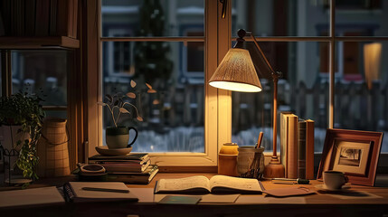 Well-organized home office desk with warm lighting, encouraging a productive and inviting workspace