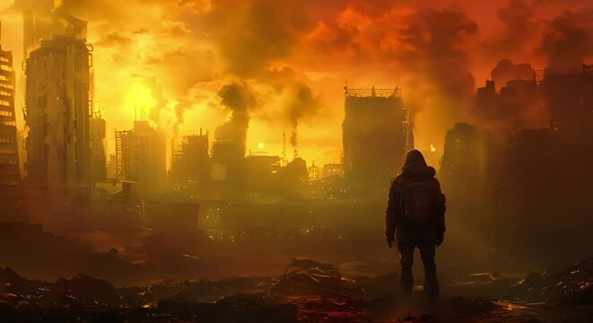 Artwork depicts hero in postapocalyptic world resilient survivor at pivotal moment. Concept Postapocalyptic, Hero, Resilient Survivor, Pivotal Moment, Artwork