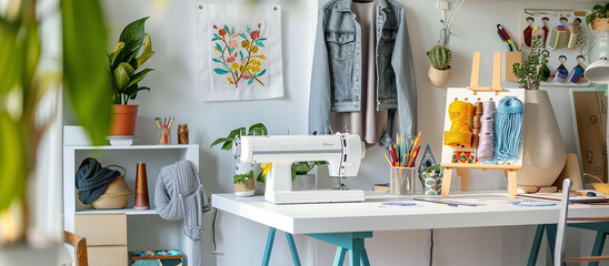 Sewing. Recycling Made by hand from home. sewing machine project .upcycling, recycling,diy,home sewing,Hobby, meditation,zero waste,recycling. Girl sews clothes home sewing machine, ecology zero waste
