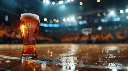 A close up of a glass of beer on a basketball court with the lights in the background out of focus.