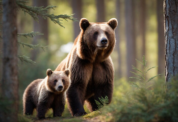 Obraz premium A mother bear and her cub stand at the edge of a forest, their fur glowing in the dappled sunlight. This tender scene captures the essence of wild family bonds and the beauty of nature.