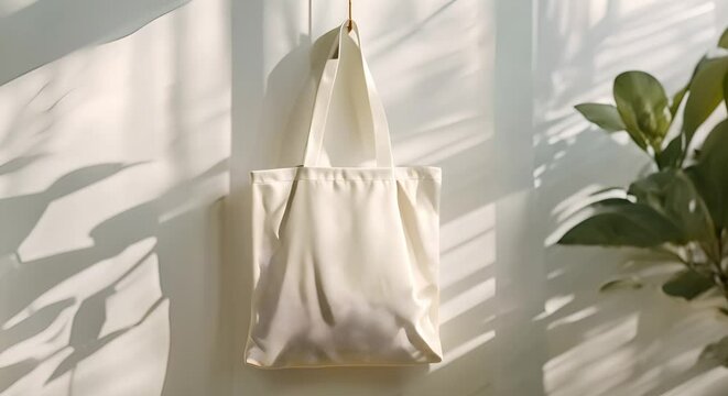Minimalist white eco tote bag mockup with sleek design hanging. Concept Product Mockup, Minimalist Design, Eco-Friendly, Tote Bag, White Bag
