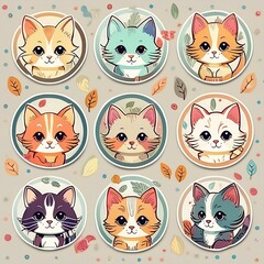 Circular Kitty Stickers showcasing stylish illustrations of fashionable kittens 