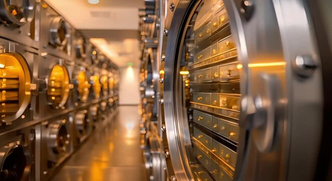 A bank vault with safe deposit boxes currency gold and secure storage. Concept Bank Vault Security, Safe Deposit Boxes, Currency Storage, Gold Bullion, Secure Storage Solutions