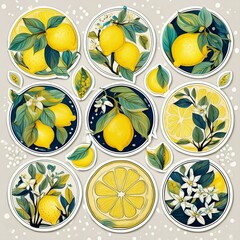 Circular Lemon Stickers adorned with illustrations of lemon trees laden with ripe fruit,