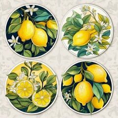 Circular Lemon Stickers adorned with illustrations of lemon trees laden with ripe fruit,