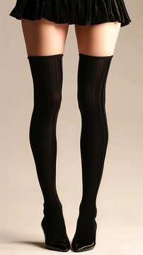 Female legs in black thigh high socks, mini-skirt and pointed shoes. Elegant and fashionable look. Stockings. White woman wearing comfortable clothes of black color against pastel background. Knees