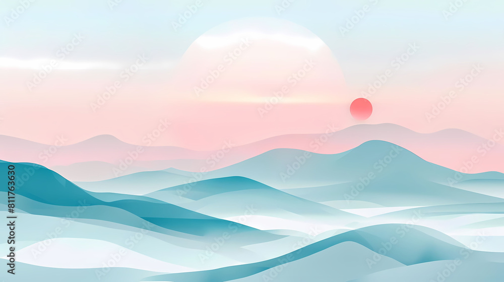Poster minimalist composition with fluid shapes and subtle gradients featuring a blue mountain against a pi