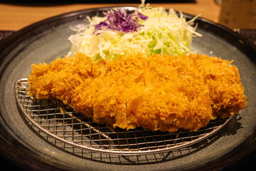 お皿の上のとんかつと千切りキャベツ