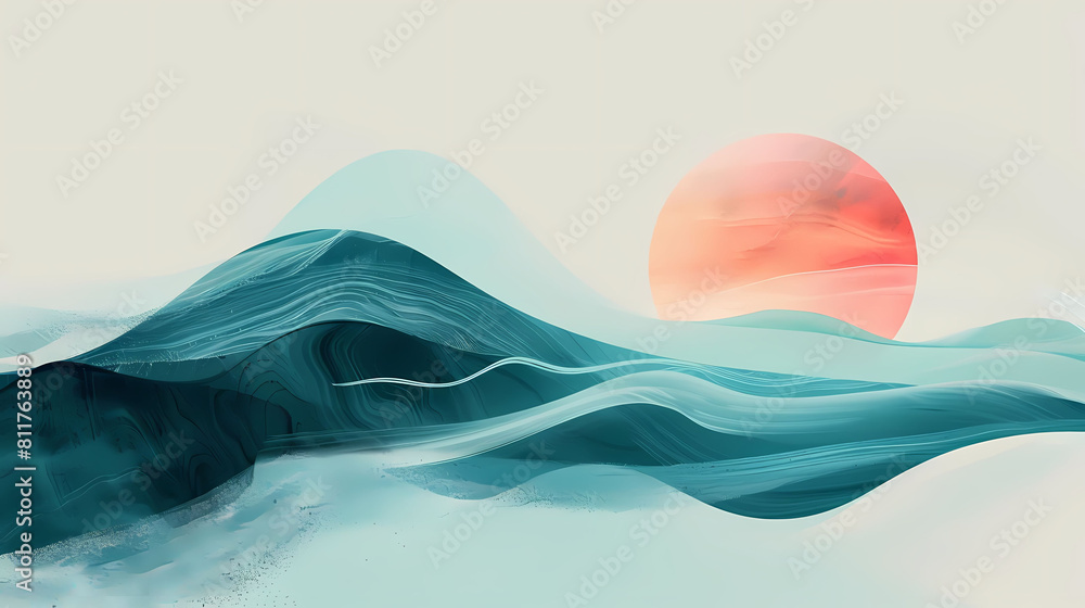 Poster minimalist composition with fluid shapes and subtle gradients, featuring a isolated background with 