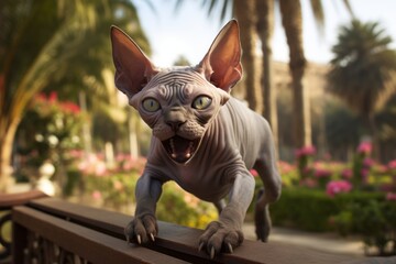 Environmental portrait photography of a happy sphynx cat running isolated on picturesque park bench