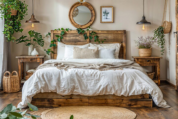 modern bedroom in rustic style with rough wooden floor and furniture