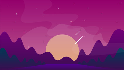 Abstract Landscape Background Mountains Forest Sky With Sunset And Stars  Vector Design