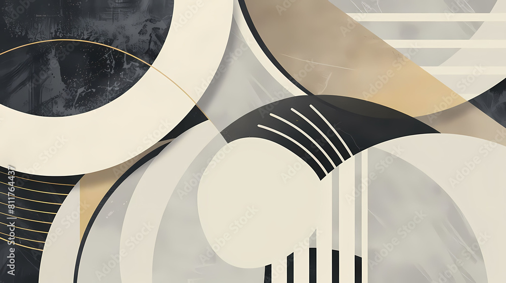 Poster minimalist composition with geometric patterns and muted colors featuring a white circle and a white