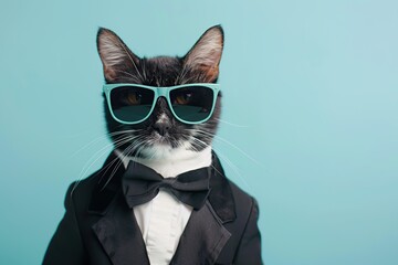 Cute cat in modern tuxedo and sunglasses on blue background