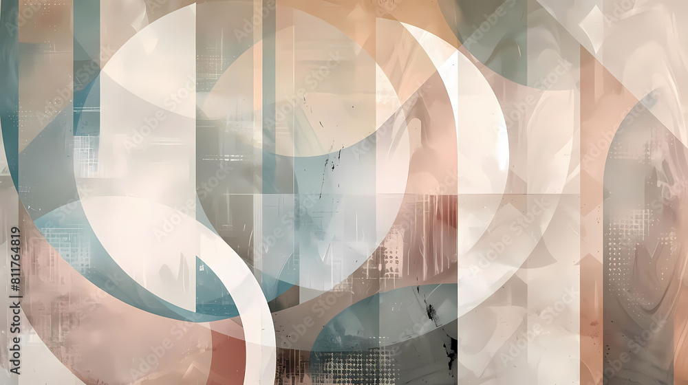 Poster minimalist composition with geometric patterns and muted tones, featuring a white circle as the cent
